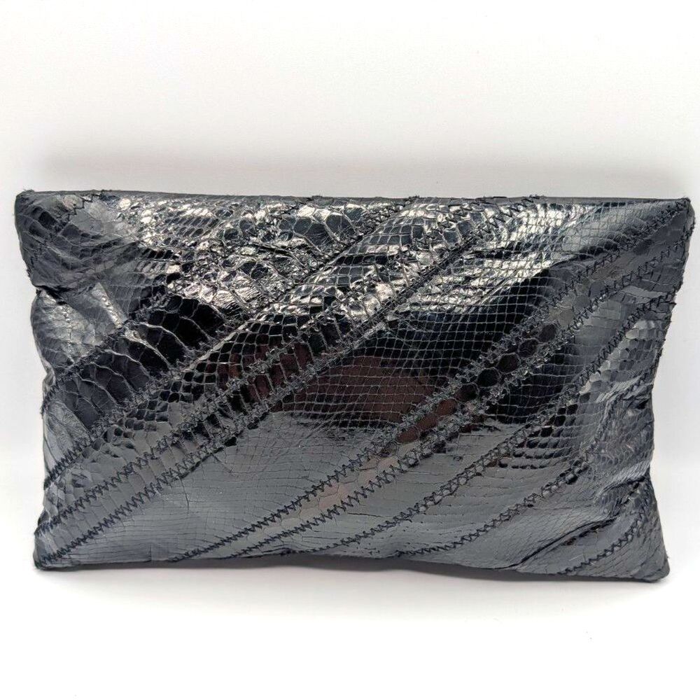 Vintage 1980s Bags by Sylvia Cee Genuine Snakeskin Patchwork Black Clutch Purse